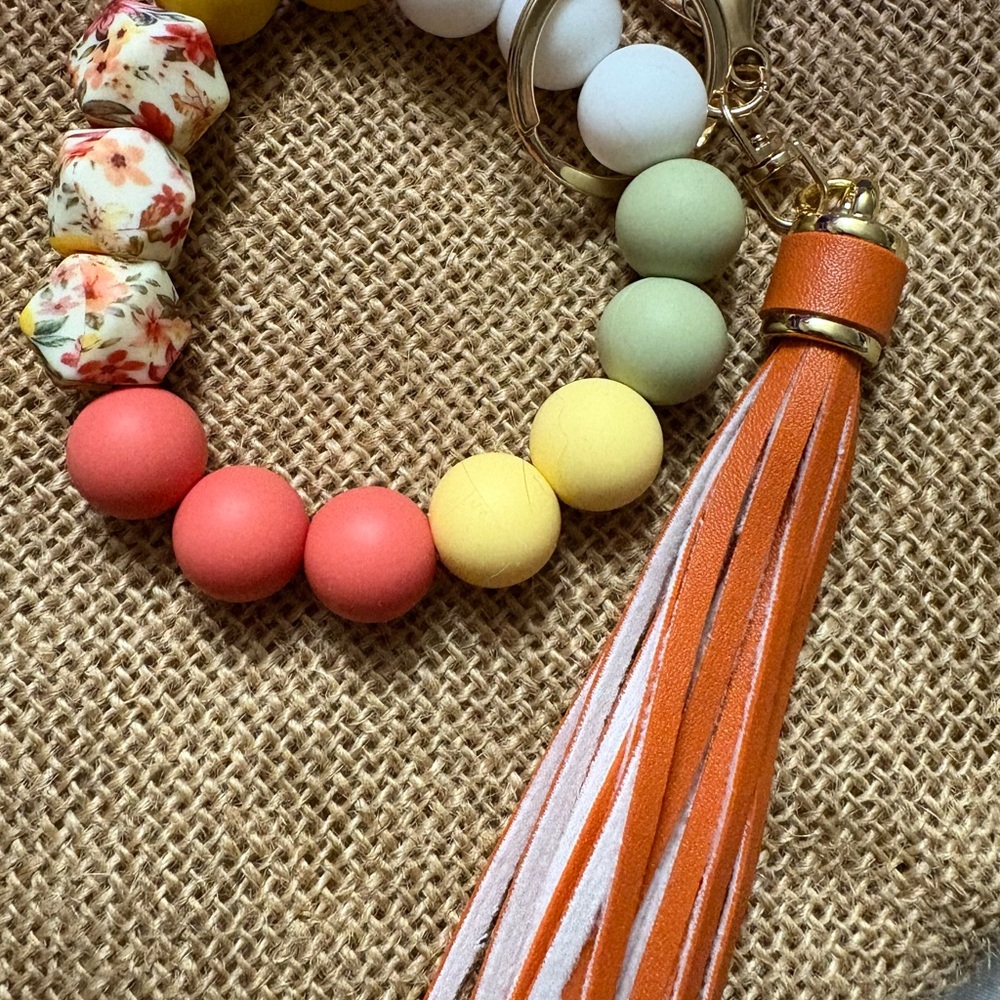 Floral Beaded Keychain Bracelet with Tassel